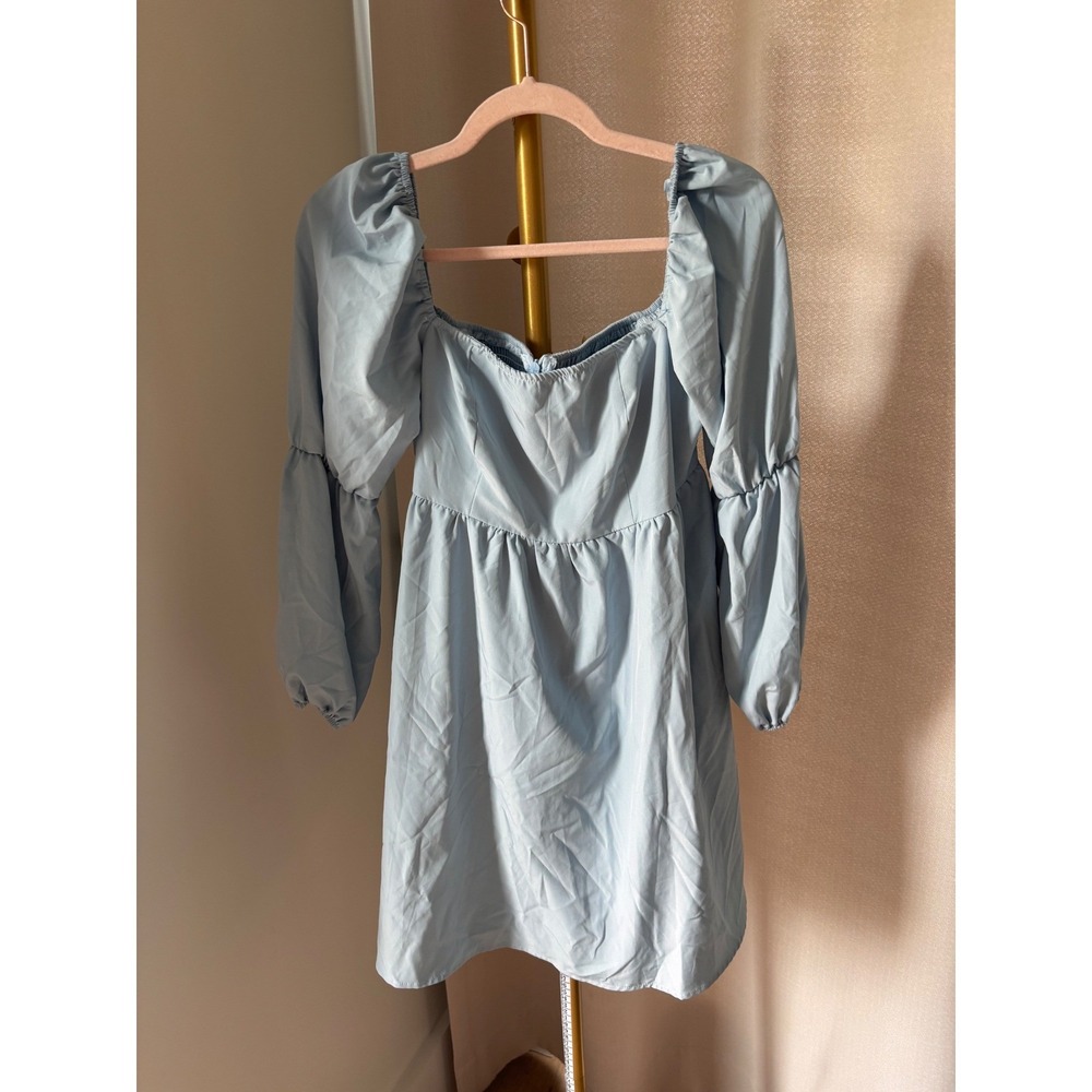 URA Light Blue Puff Sleeve Babydoll Mini Dress Square Neck Smocked Back XL